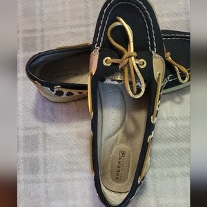 Sperry Women's Black Boat Shoes With Cheetah Print And Gold Leather Laces 7.5